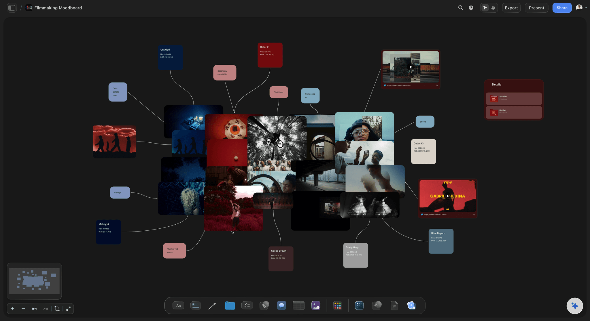 A filmmaking moodboard with reference stills, colour swatches and reference videos around them